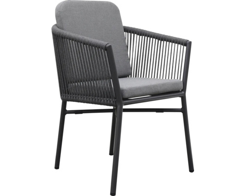 Gartensessel mit Armlehnen und grauen Polstern