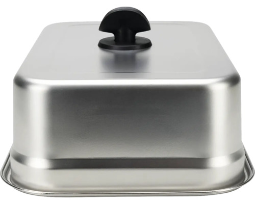 Cloche à barbecue carrée en acier inoxydable avec poignée noire pour faire fondre du fromage sur le gril.