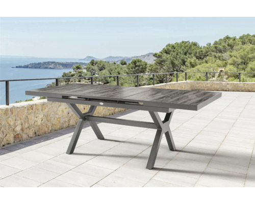 Table de jardin extensible avec structure en métal et plateau aspect bois