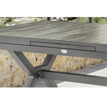 Vue détaillée d'une table de jardin avec fonction coulissante et logo Destiny