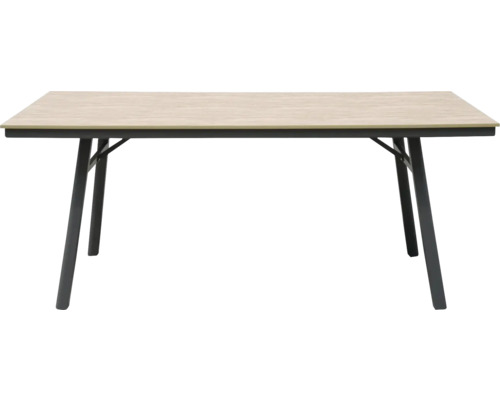 Rechteckiger Tisch mit hellbrauner Tischplatte und dunklem Untergestell