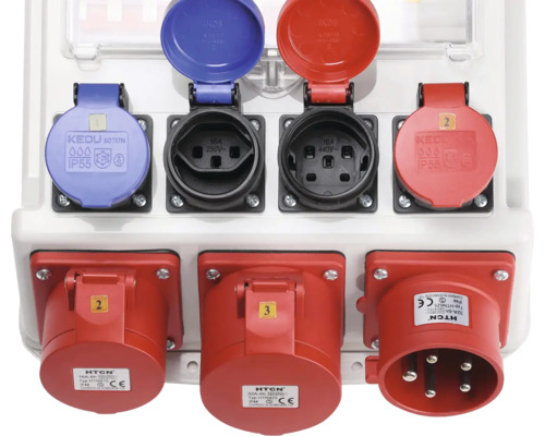 Mehrfachsteckdose mit verschiedenen Stromstärken und Schutzkontaktsteckdosen