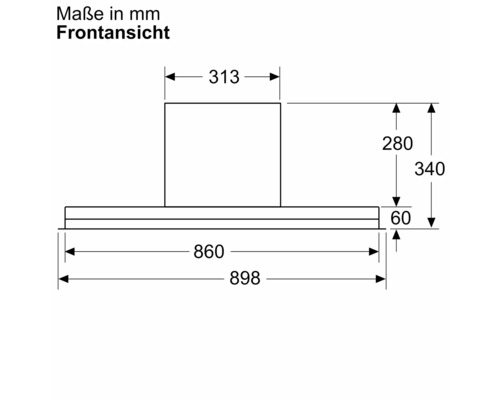 Technische Zeichnung einer Dunstabzugshaube mit Maßangaben in Millimetern, Frontansicht