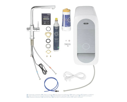 Système d'eau Grohe Blue avec robinetterie, filtre, bouteille de gaz carbonique et accessoires