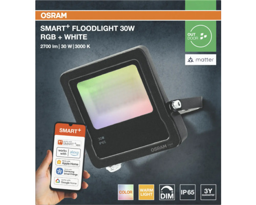 Projecteur Osram Smart+ 30 watts RGB et blanc avec un smartphone