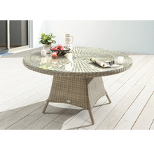 Runder Gartentisch mit Glasplatte und Rattanoptik