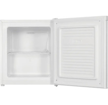 Weißer Mini-Gefrierschrank mit geöffneter Tür und einem Gitterboden.
