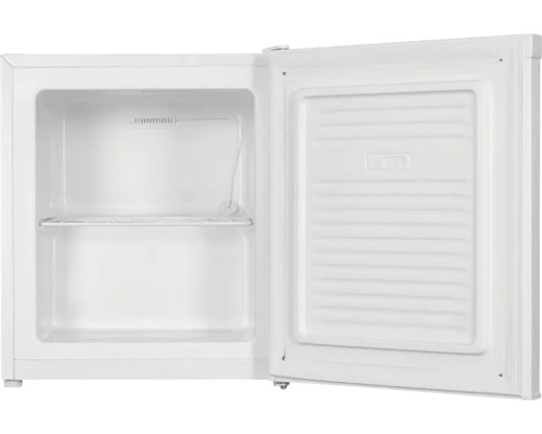 Weißer Mini-Gefrierschrank mit geöffneter Tür und einem Gitterboden.