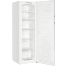 Stand-Gefrierschrank mit geöffneter Tür, Innenraum mit mehreren transparenten Schubfächern und Ablagefächern.