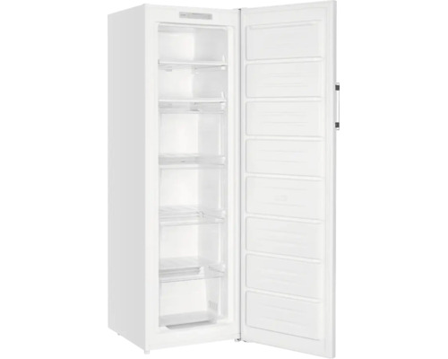 Stand-Gefrierschrank mit geöffneter Tür, Innenraum mit mehreren transparenten Schubfächern und Ablagefächern.