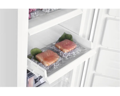Innenansicht eines Gefrierschranks mit Lachs auf Eis in einer Gefrierschublade.