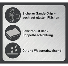Symbole für sicheren Griff, robuste Doppelbeschichtung sowie Öl- und Wasserabweisung