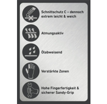 Symbole für Schnittschutz C, Atmungsaktivität, Ölabweisung, verstärkte Zonen, hohe Fingerfertigkeit und sicherer Sandy-Grip