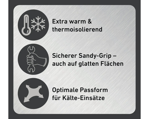 Symbole für extra warm, wärmeisolierend, sicheren Sandy-Grip auch auf glatten Flächen und optimale Passform für Kälteeinsätze