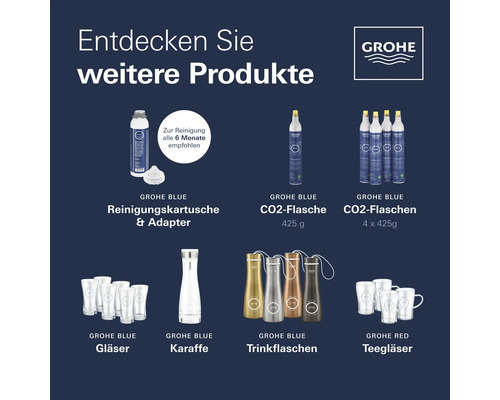 Assortiment d'accessoires Grohe Blue avec cartouche de nettoyage, bouteilles de CO2, verres, carafe et bouteilles