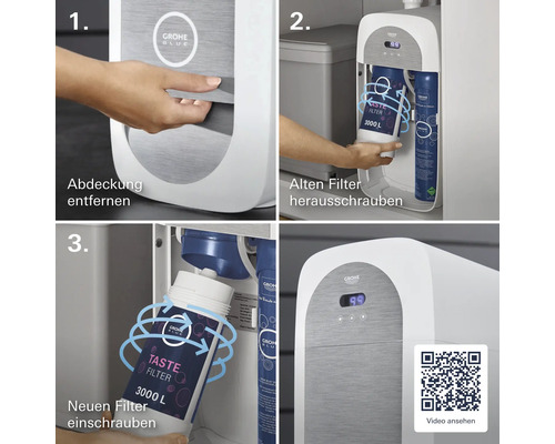 Anleitung zum Wechseln eines Grohe Blue Wasserfilter Systems mit QR Code zum Video ansehen