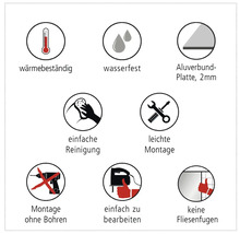 Produktmerkmale: Hitzebeständig, wasserfest, 2mm Aluplatte, einfache Reinigung, einfache Montage, Montage ohne Bohren, einfach zu bearbeiten, keine Fliesenfugen