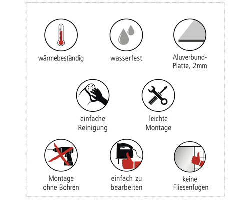 Produktmerkmale: Hitzebeständig, wasserfest, 2mm Aluplatte, einfache Reinigung, einfache Montage, Montage ohne Bohren, einfach zu bearbeiten, keine Fliesenfugen