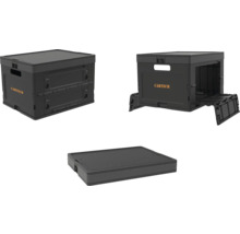 Drei Ansichten einer schwarzen Cartech Faltbox im geöffneten und geschlossenen Zustand