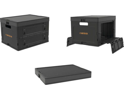 Drei Ansichten einer schwarzen Cartech Faltbox im geöffneten und geschlossenen Zustand