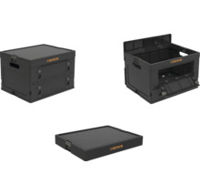 Drei Ansichten einer schwarzen Cartech Faltbox, einmal geschlossen, einmal geöffnet und einmal zusammengefaltet.