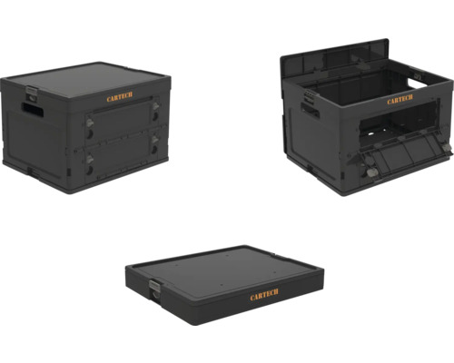 Drei Ansichten einer schwarzen Cartech Faltbox, einmal geschlossen, einmal geöffnet und einmal zusammengefaltet.