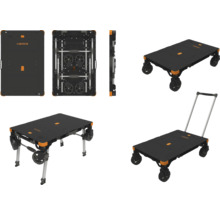 Cartech Transportwagen in verschiedenen Ansichten: zusammengeklappt, als Tisch und als Wagen