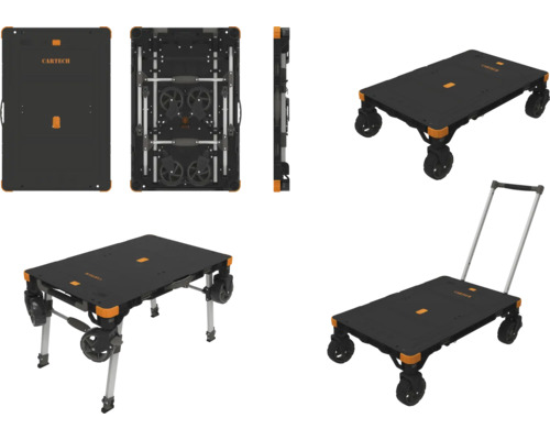 Cartech Transportwagen in verschiedenen Ansichten: zusammengeklappt, als Tisch und als Wagen