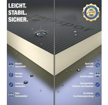 Swisspor Logo. Illustration einer Dämmplatte mit Eigenschaften wie Wasserdichtigkeit, geringes Gewicht, einfache Verarbeitung, hohe Formstabilität und Druckfestigkeit.