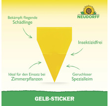 Gelbsticker zur Schädlingsbekämpfung von Neudorff. Ideal für Zimmerpflanzen und insektizidfrei. Neudorff Logo.