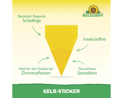 Gelbsticker zur Schädlingsbekämpfung von Neudorff. Ideal für Zimmerpflanzen und insektizidfrei. Neudorff Logo.