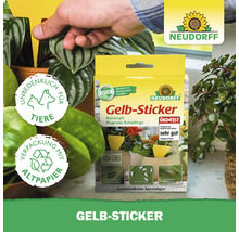 Neudorff Gelb-Sticker zur Schädlingsbekämpfung mit Hinweis auf tierfreundliche Verpackung aus Altpapier