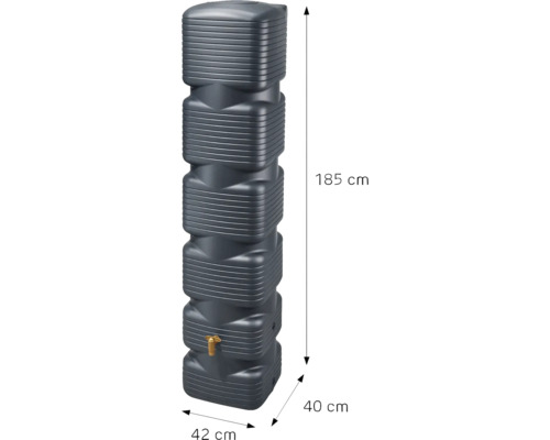 Anthrazitfarbene Regentonne aus Kunststoff mit Auslaufhahn und Maßen 185 Zentimeter Höhe, 42 Zentimeter Breite und 40 Zentimeter Tiefe.