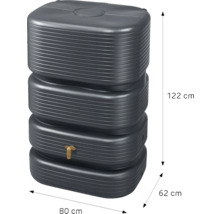 Regenspeicher rechteckig mit Auslaufhahn und Maßen 122 Zentimeter Höhe, 80 Zentimeter Breite und 62 Zentimeter Tiefe.
