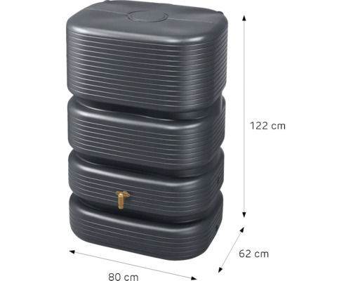 Regenspeicher rechteckig mit Auslaufhahn und Maßen 122 Zentimeter Höhe, 80 Zentimeter Breite und 62 Zentimeter Tiefe.
