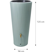 Récupérateur d'eau de pluie conique vert clair à rainures verticales, hauteur 120 centimètres, diamètre 58 centimètres, avec robinet.
