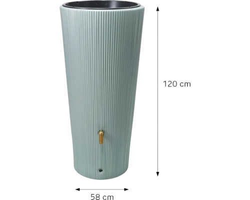 Récupérateur d'eau de pluie conique vert clair à rainures verticales, hauteur 120 centimètres, diamètre 58 centimètres, avec robinet.