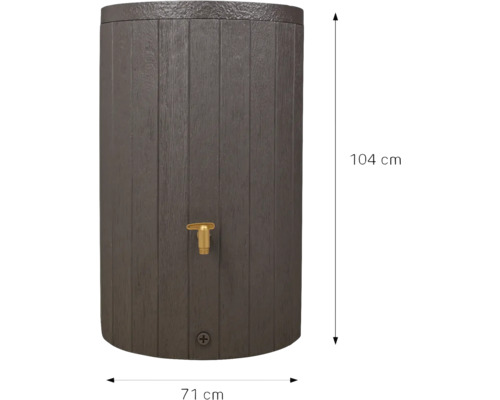 Regentonne in Holzoptik mit Auslaufhahn und Massen 104 Zentimeter Höhe und 71 Zentimeter Breite.