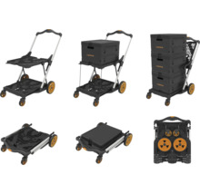 Mehrere Ansichten eines Transportwagens mit zwei Ablageflächen, optional mit Transportboxen beladen und zusammengeklappt.
