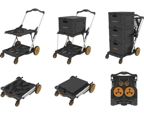 Mehrere Ansichten eines Transportwagens mit zwei Ablageflächen, optional mit Transportboxen beladen und zusammengeklappt.