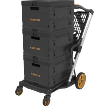 Dreifach gestapelte, faltbare Cartech Transportbox auf einem Rollwagen