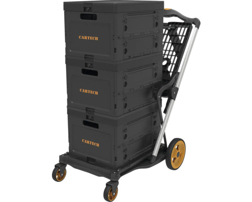 Dreifach gestapelte, faltbare Cartech Transportbox auf einem Rollwagen