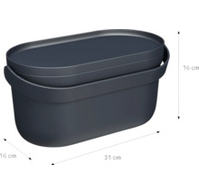 Boîte de rangement en plastique anthracite avec couvercle, dimensions 31 centimètres sur 16 centimètres sur 16 centimètres.