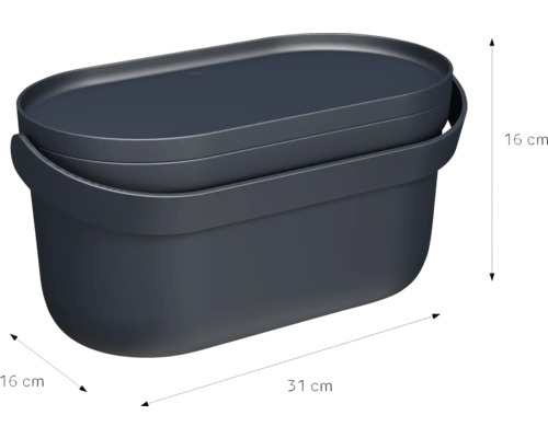 Boîte de rangement en plastique anthracite avec couvercle, dimensions 31 centimètres sur 16 centimètres sur 16 centimètres.