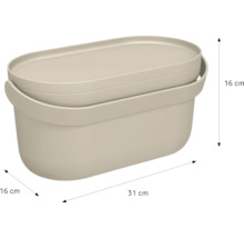 Boîte de rangement ovale en plastique avec couvercle et poignée, dimensions 31 par 16 par 16 centimètres.