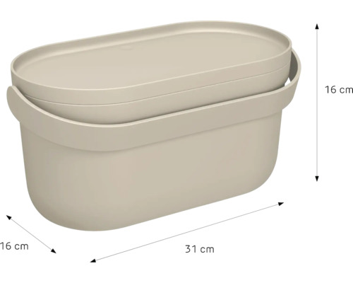 Boîte de rangement ovale en plastique avec couvercle et poignée, dimensions 31 par 16 par 16 centimètres.
