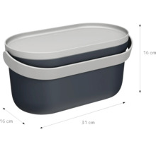 Boîte de rangement ovale en plastique avec couvercle, dimensions 31 centimètres par 16 centimètres par 16 centimètres.