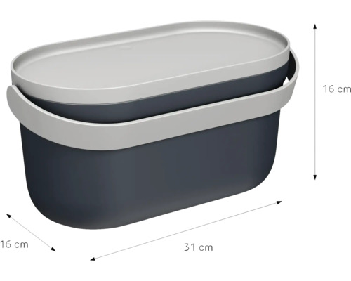 Boîte de rangement ovale en plastique avec couvercle, dimensions 31 centimètres par 16 centimètres par 16 centimètres.