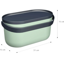 Boîte de rangement ovale avec poignée et couvercle, dimensions 31 centimètres sur 16 centimètres sur 16 centimètres.
