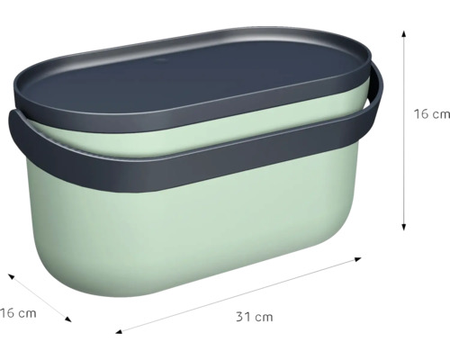 Boîte de rangement ovale avec poignée et couvercle, dimensions 31 centimètres sur 16 centimètres sur 16 centimètres.